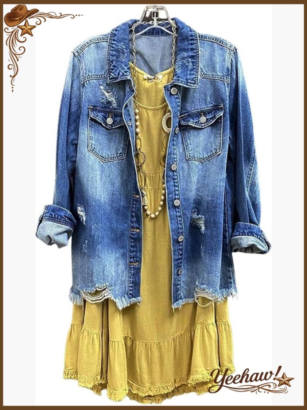 Distressed Denim Shacket Coat Long Sleeve Button Down Frayed Hem